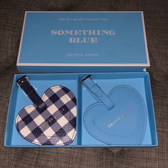Draper James Something Blue Faux Leather Gingham Heart Luggage Travel Tag Set - Picture 7 of 11